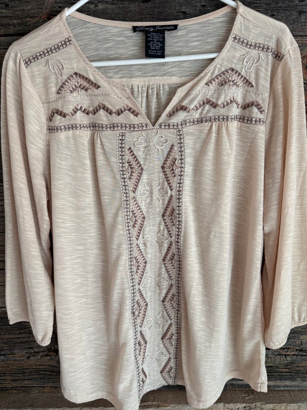 Simply Irresistible Embroidered Boho Top Beige 3/4 Sleeve Peasant Blouse